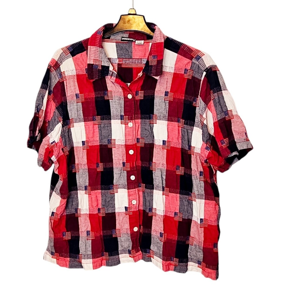 Vintage 90s Fashion Bug 4th of July Patriotic Red White Blue Plaid Shirt 30/32